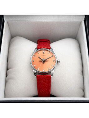 Gucci G-Timeless YA1265017 - Salmon Pink Dial with Diamonds & Bee, Leather Strap